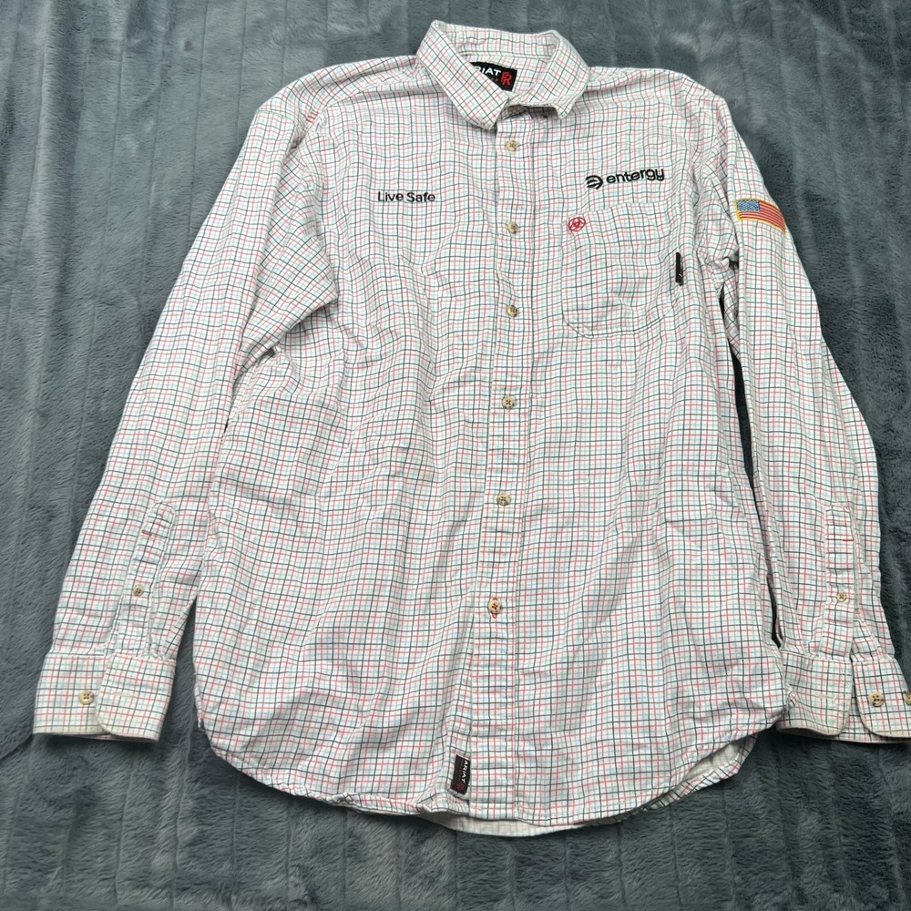 Ariat FR Mens Large White Plaid Flame Resistant Entergy Work Shirt 13682